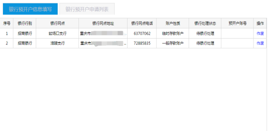 银行预开户申请列表