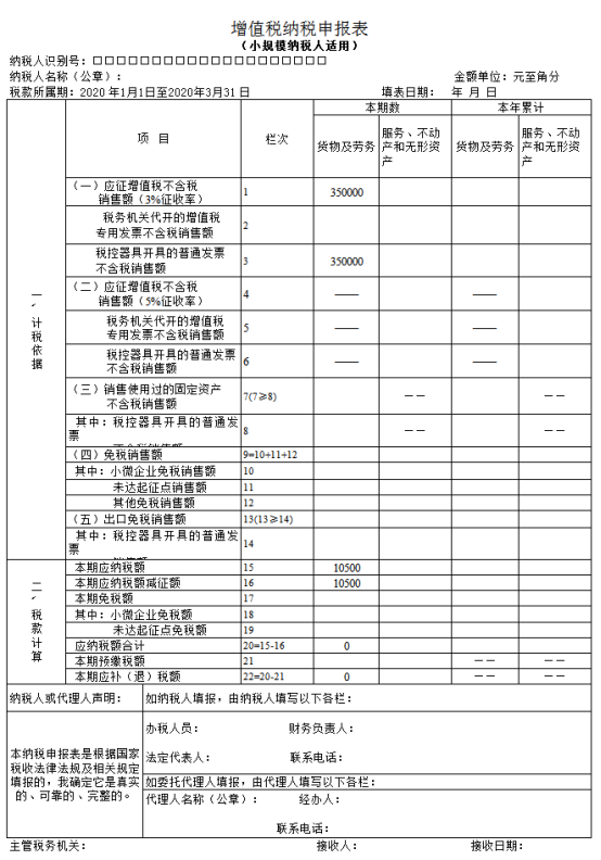 增值税纳税申报表（小规模纳税人适用）